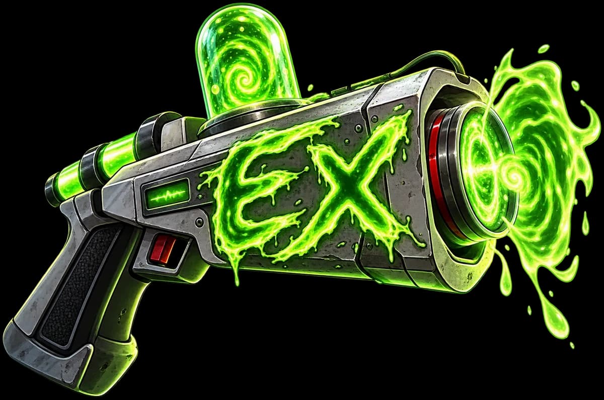 The EX ray gun, glowing with green slime